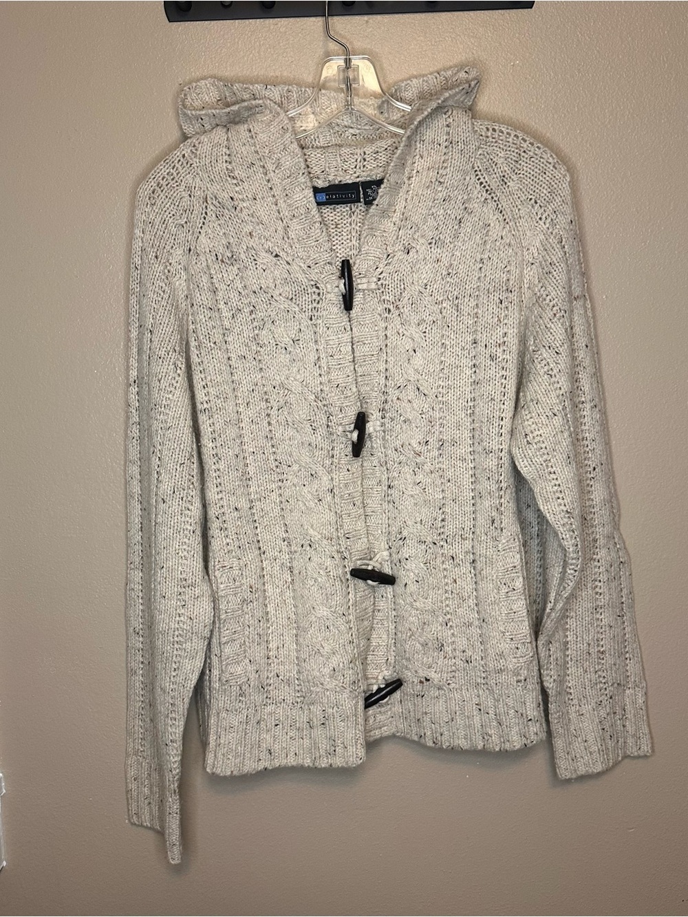 Relativity Speckled Cream Cable Knit Hooded Toggle Cardigan